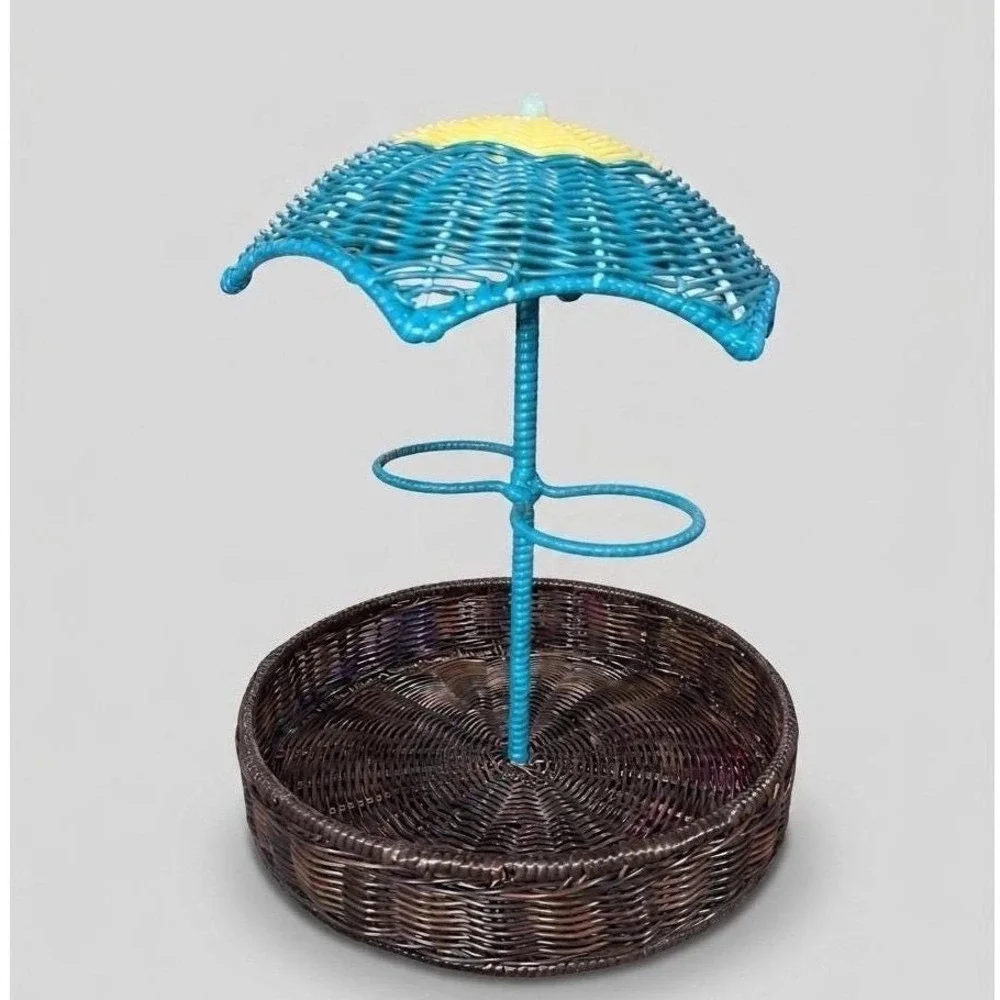 Unique Find! Vtg Woven Wicker Umbrella Condiment Caddy Rattan‎ Tiki Bar Decor